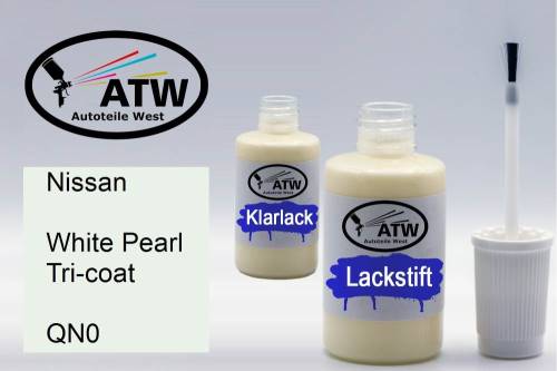 Nissan, White Pearl Tricoat, QN0: 20ml Lackstift + 20ml Klarlack - Set, von ATW Autoteile West.